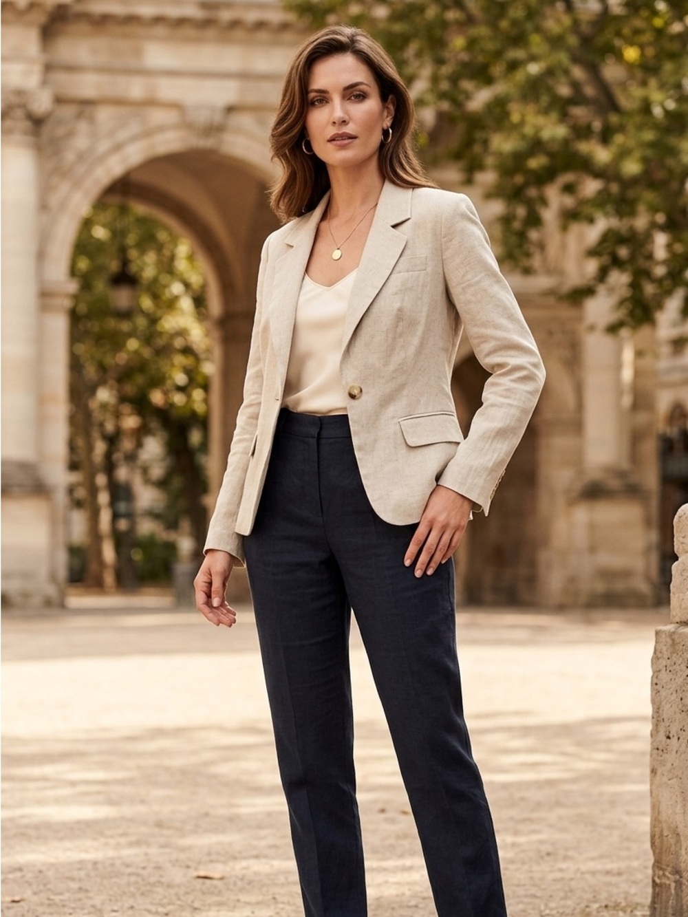For Cynthia Cream Single-Button Linen Blazer/E112